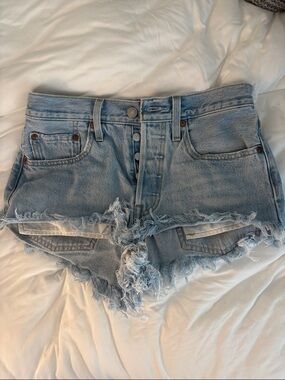 Levi's Light Blue Frayed Denim Cutoff Shorts